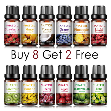 Collection of PhatOil essential oil bottles with various fruit flavors and a promotional offer.