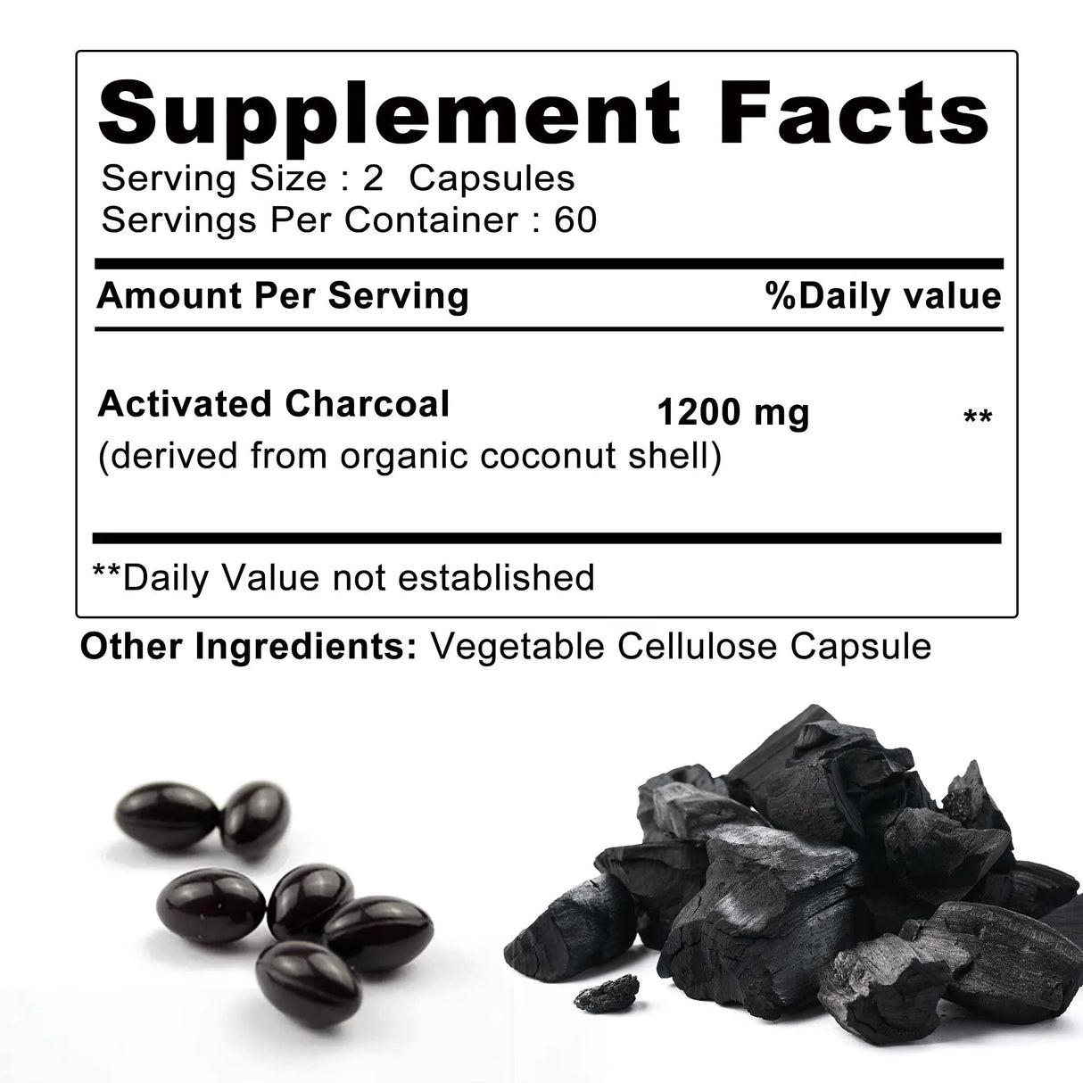 Activated Charcoal digestive support capsules bottle for bloating relief, gut balance, and digestive comfort.