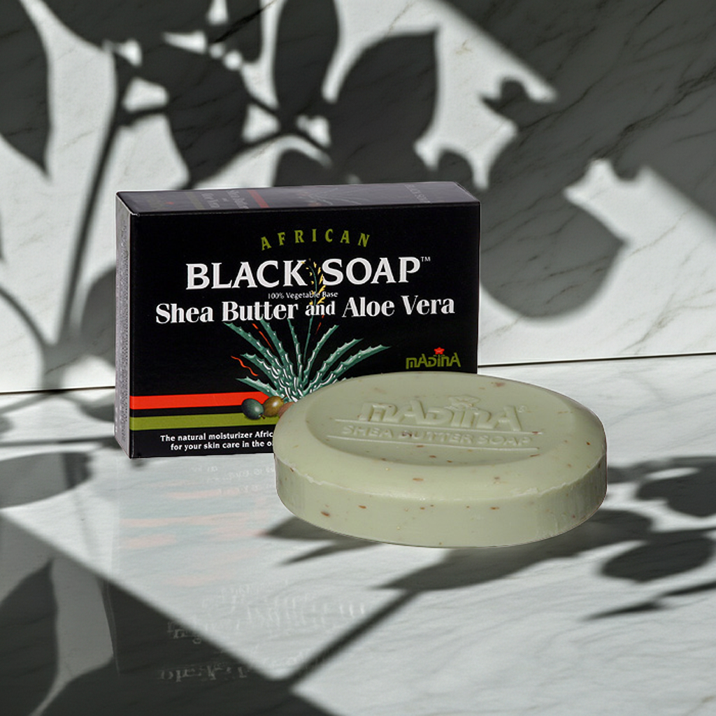 African Black Soap with shea butter and aloe vera bar soap for daily cleansing, bathing, and skincare.