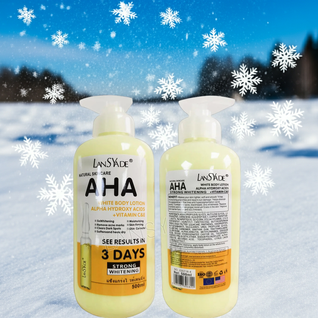 Whitening body lotion bottle with AHA, Vitamin C, and Vitamin E for nourishing skin, softening dry areas, and routine skincare use.