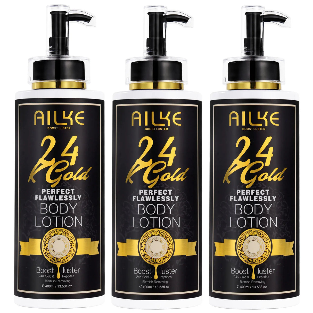 Three bottles of AILKE 24K Gold Perfect Flawlessly Body Lotion on white background.