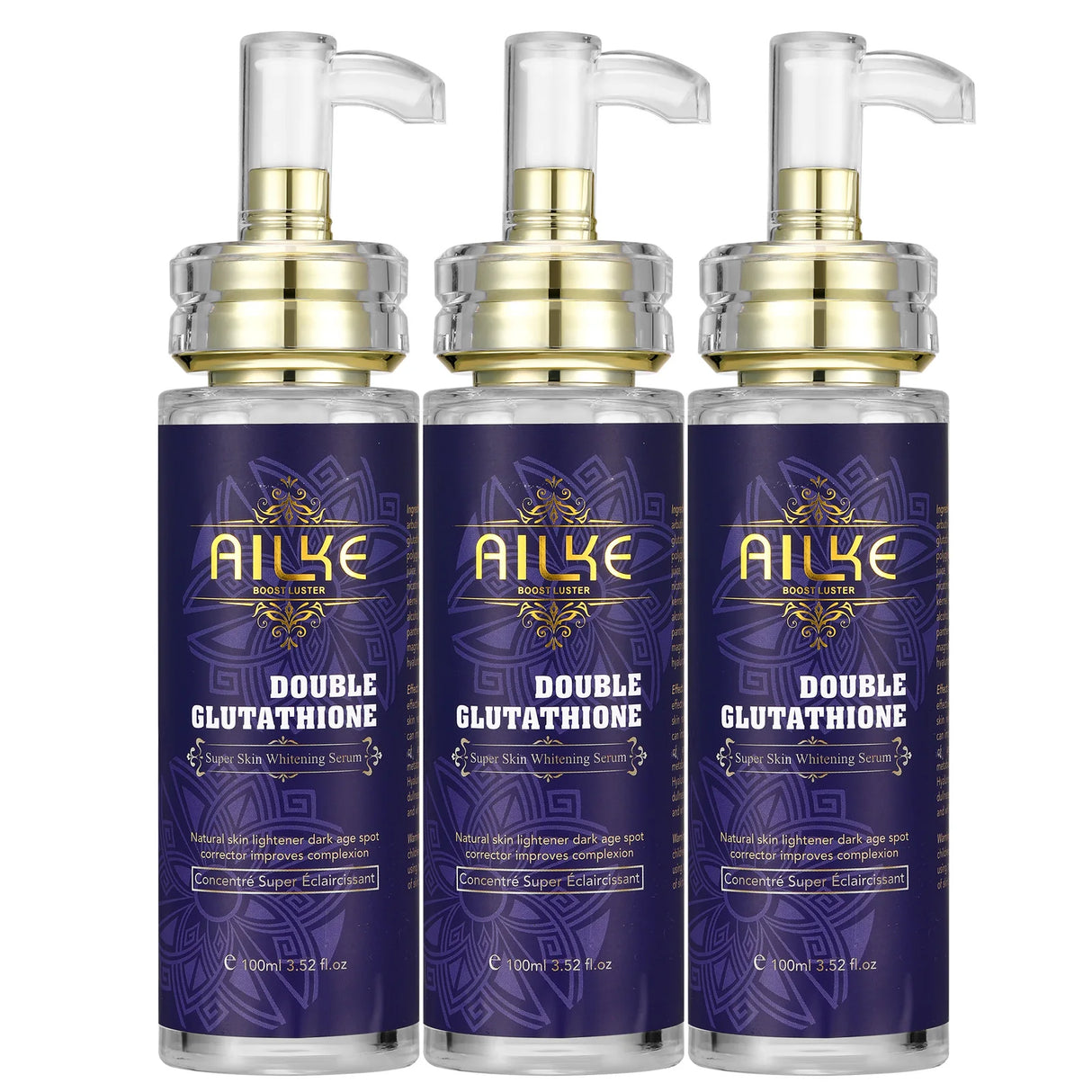 AILKE Double Glutathione Whitening Skin Care Kit three product bottles with purple labels on white background.