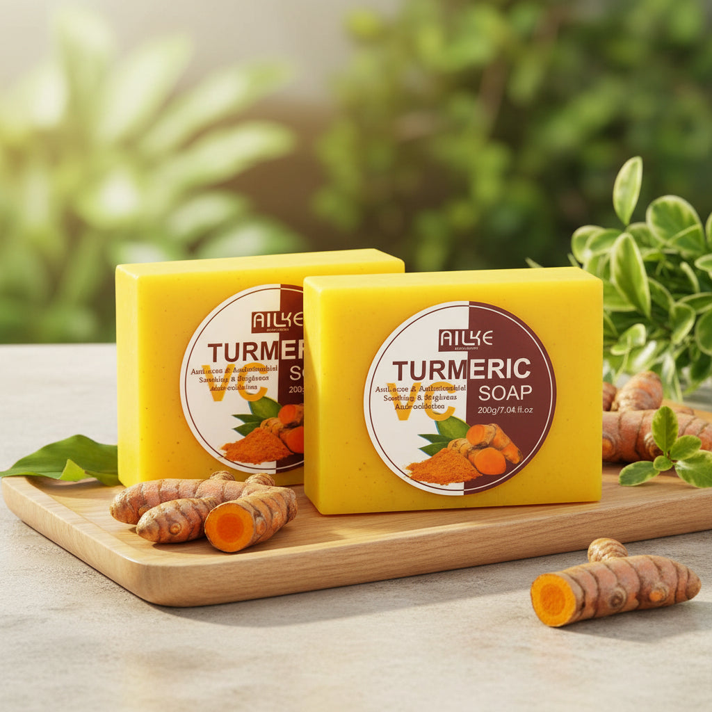 AILKE Natural Turmeric Soap 200g bar product display for oil control and brightening.
