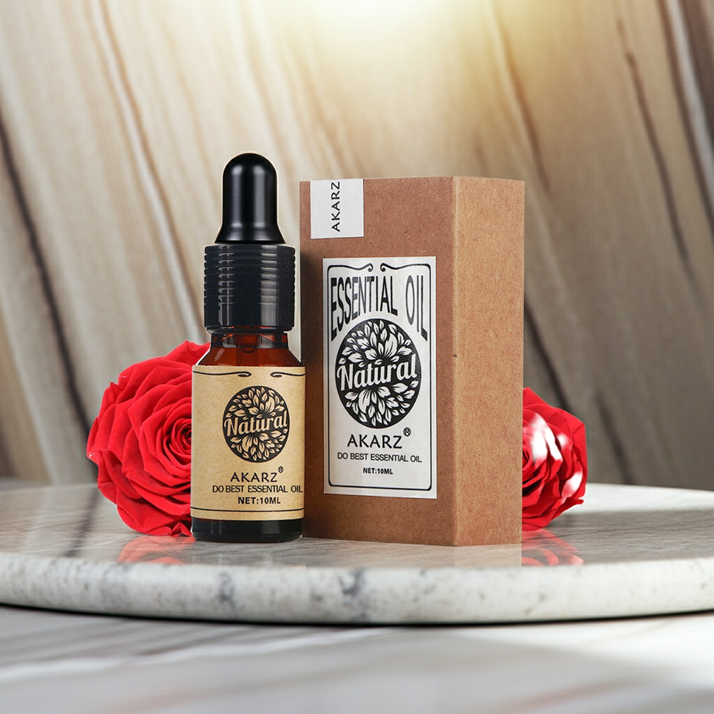 AKARZ Rose Essential Oil bottle for skincare blending, facial care, and daily beauty routines.