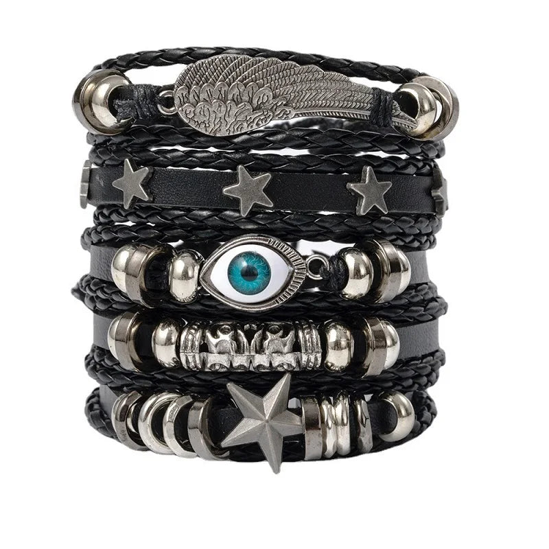 Alternative skull and star leather bracelet for statement fashion wear, layered wrist styling, and punk-inspired outfits.