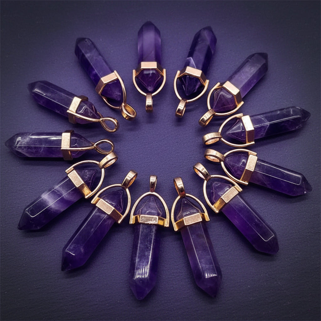 Amethyst Crystal Hexagonal Pendants for meditation, gifting, and crystal jewelry.