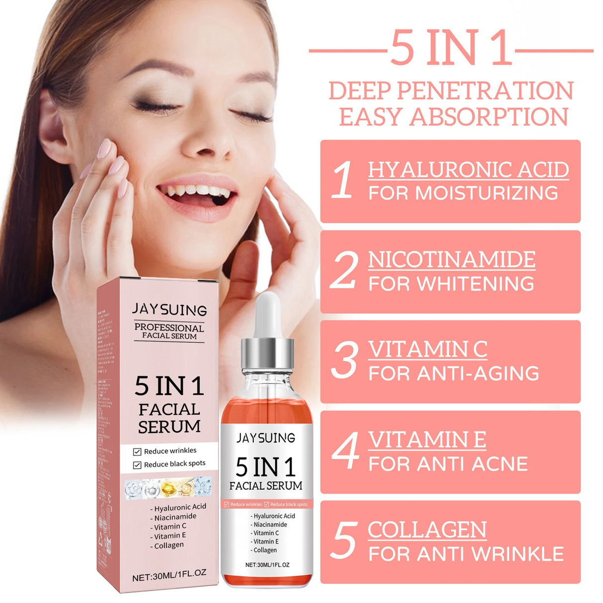 Anti-aging facial serum bottle for smoothing wrinkles, minimizing pores, and helping skin feel firmer and refreshed.