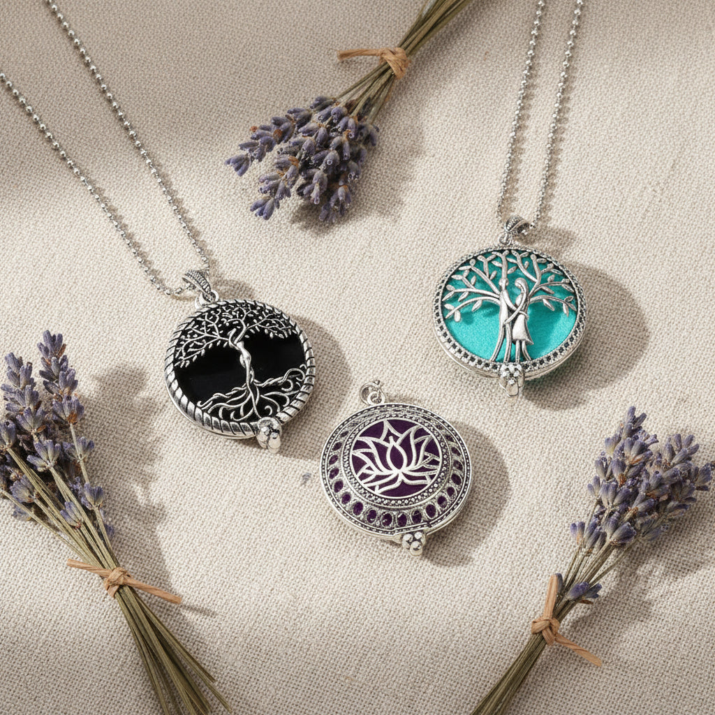 Tree of Life aromatherapy diffuser necklace pendant for holding essential oils during daily wear, relaxation, and personal wellness use.