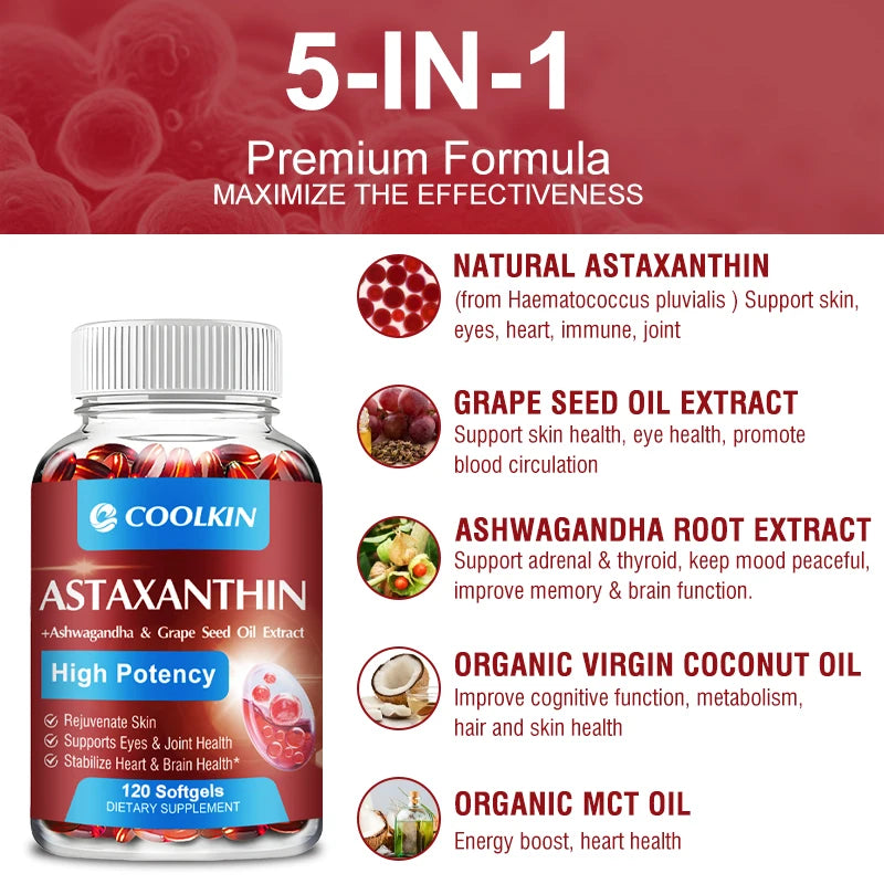 Astaxanthin softgel supplement with coconut oil for daily antioxidant support and general health maintenance.