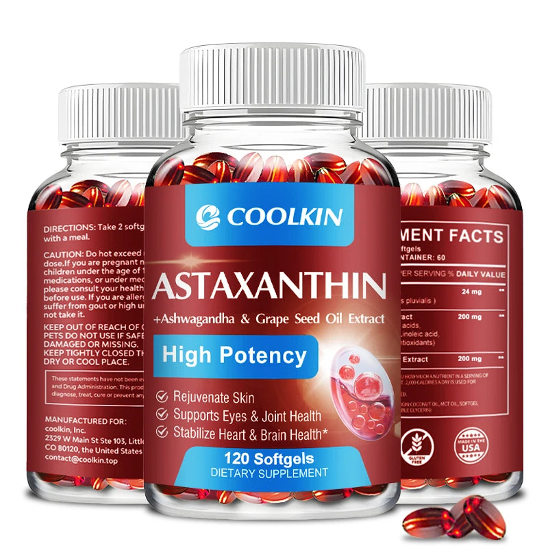 Astaxanthin supplement softgels with grapeseed and coconut oil for daily antioxidant support and wellness use.