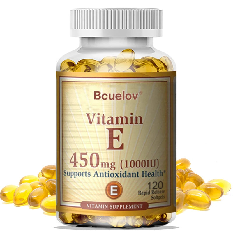 Bcuelov Vitamin E 1000 IU 450mg antioxidant capsules bottle for daily antioxidant support and wellness supplementation.