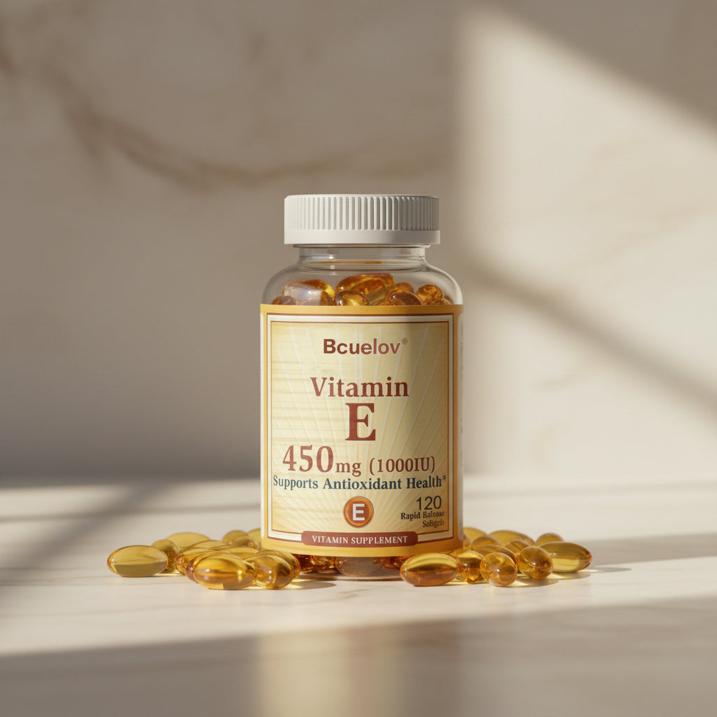 Bcuelov Vitamin E 1000 IU 450mg antioxidant capsules bottle for daily antioxidant support and wellness supplementation.