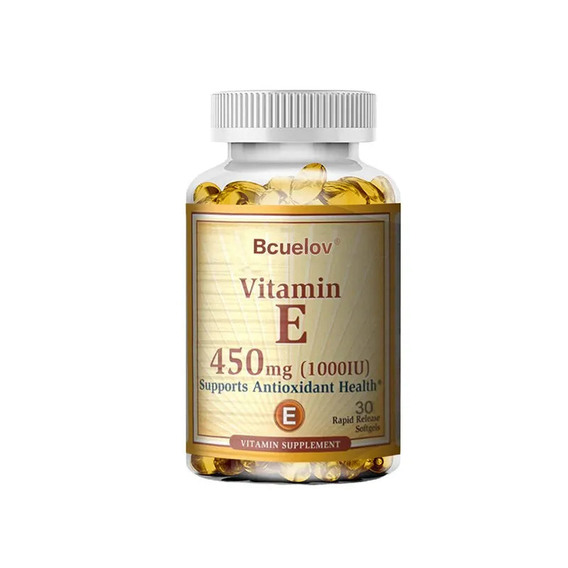 Bcuelov Vitamin E 1000 IU antioxidant softgel capsules bottle for immune support, antioxidant protection, and daily supplement use.