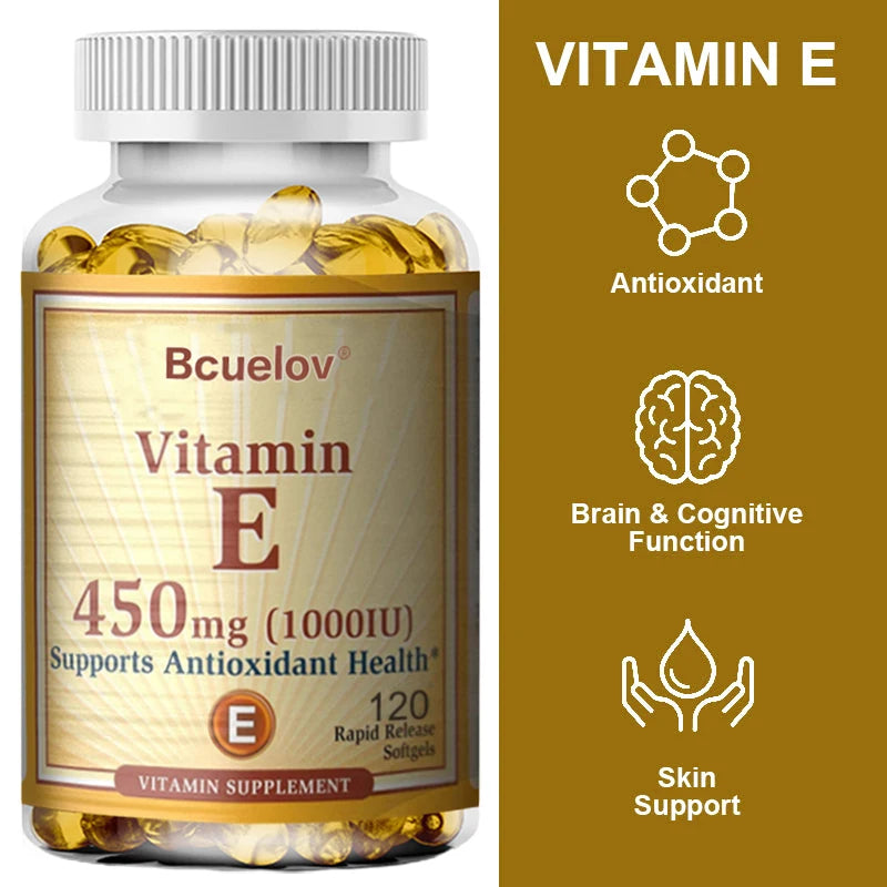 Bcuelov Vitamin E supplement capsules 450mg bottle for antioxidant benefits, nutritional support, and regular supplement use.