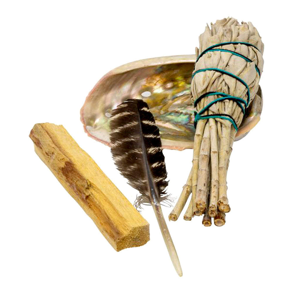 Beginner's Smudging Kit with Palo Santo, sage stick, feather and abalone shell