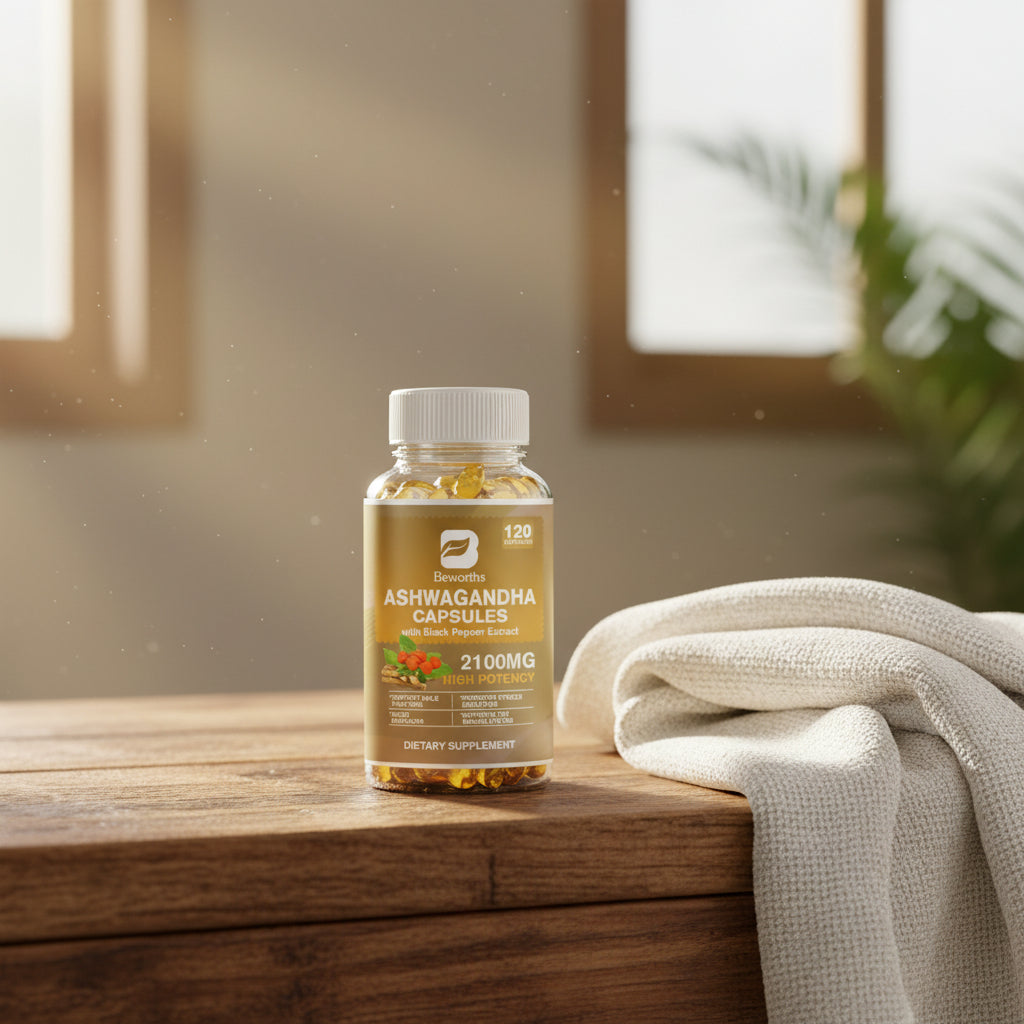 BEWORTHS Ashwagandha Root Extract capsules bottle for daily herbal supplement use, wellness support, and routine self-care.