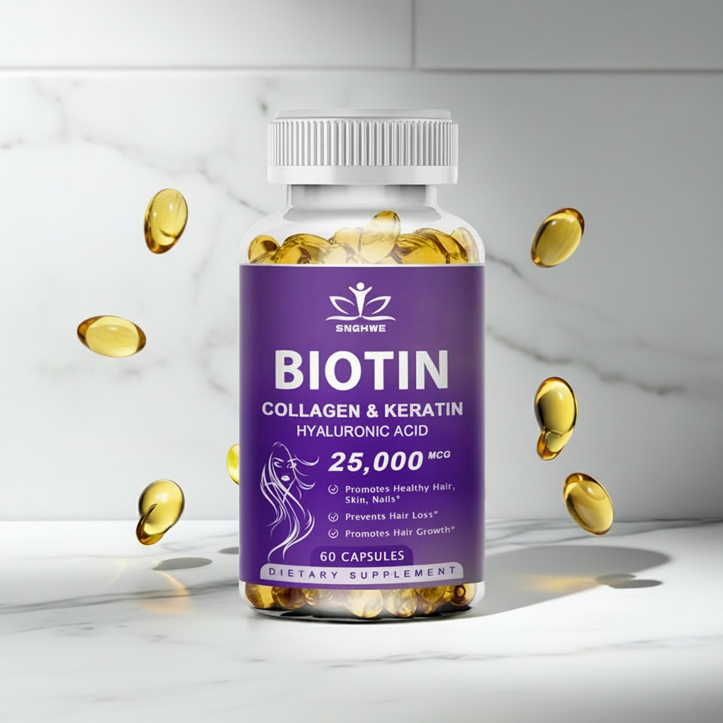 Biotin + Collagen Beauty Capsules bottle for supporting hair, skin, and nails in a daily beauty supplement routine.