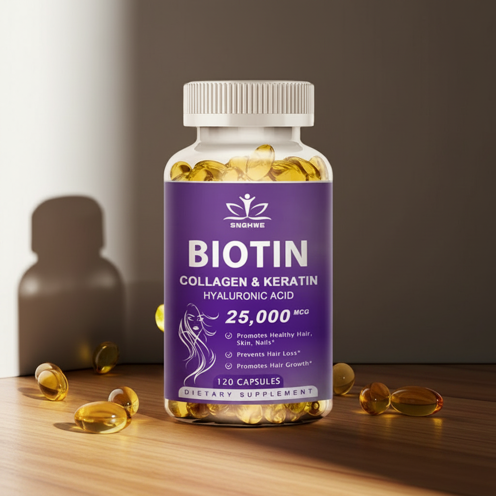 Biotin + Collagen Beauty Capsules supplement bottle for promoting healthy hair, smoother skin, and stronger nails.