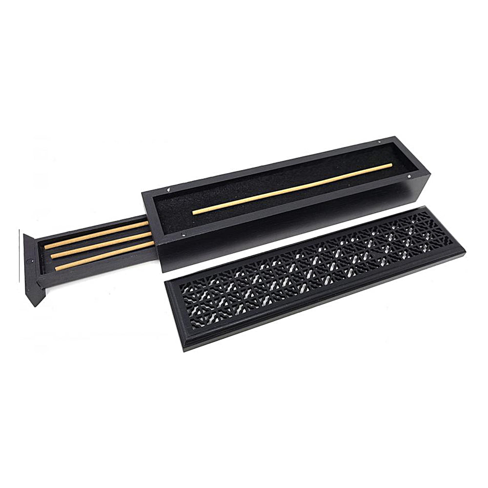 Black Finish Wood Incense Box Burner - Large, in use with incense stick