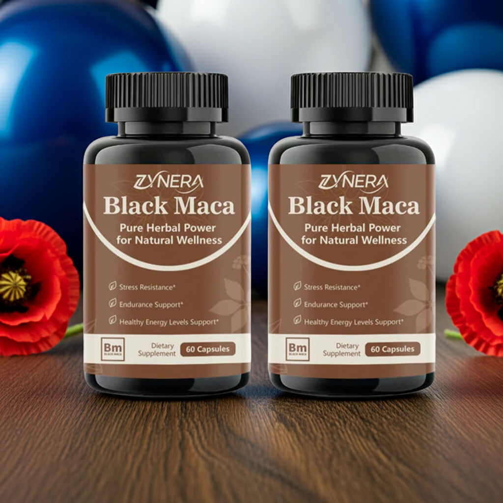 Black Maca Capsules for Men bottle for maca root wellness support, energy balance, and men's supplement use.