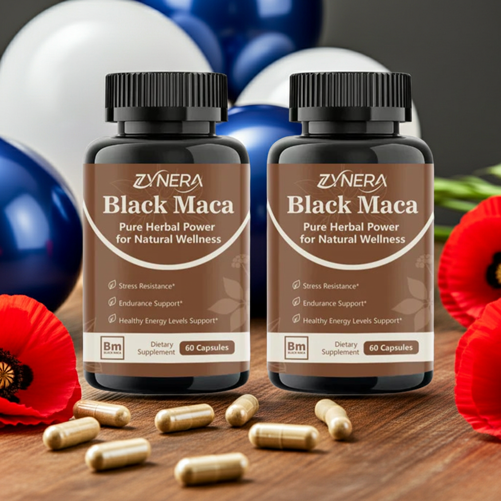 Black Maca Capsules for Men bottle for vitality support, men's daily health, and routine capsule use.