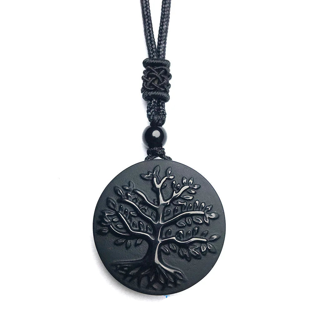 Black Obsidian Tree of Life stone pendant for protective wear, meditation support, and everyday styling.