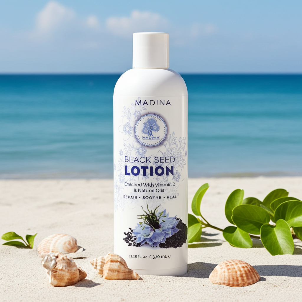 Black Seed Lotion by Madina in bottle form for moisturizing dry skin, smoothing rough areas, and daily body care.