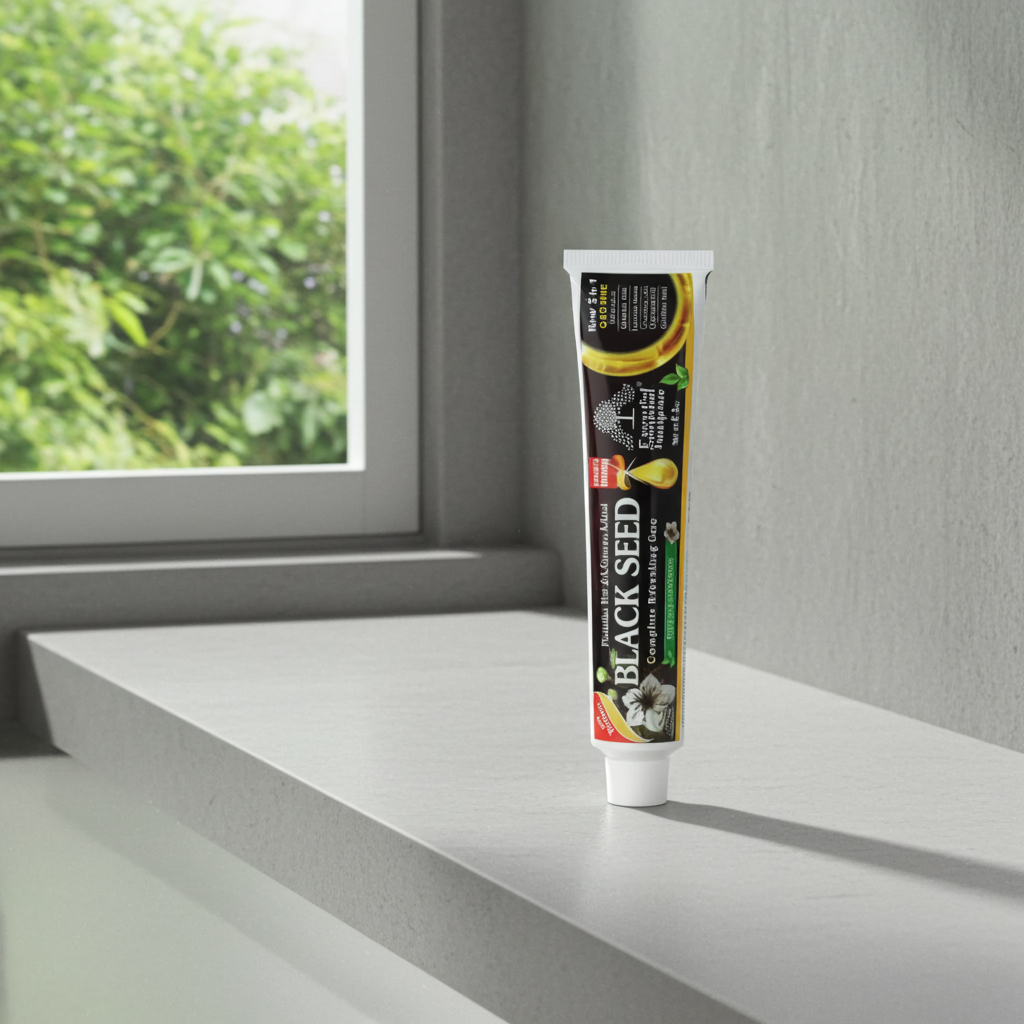 Black Seed Essential Toothpaste tube for brushing teeth, freshening breath, and routine oral care.