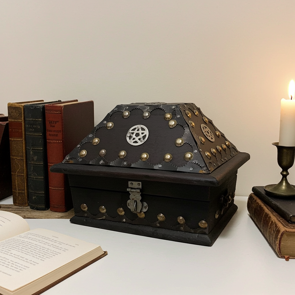 Pentacle Inlaid Black Wood Chest black wooden chest for storing crystals, herbs, and spiritual supplies.