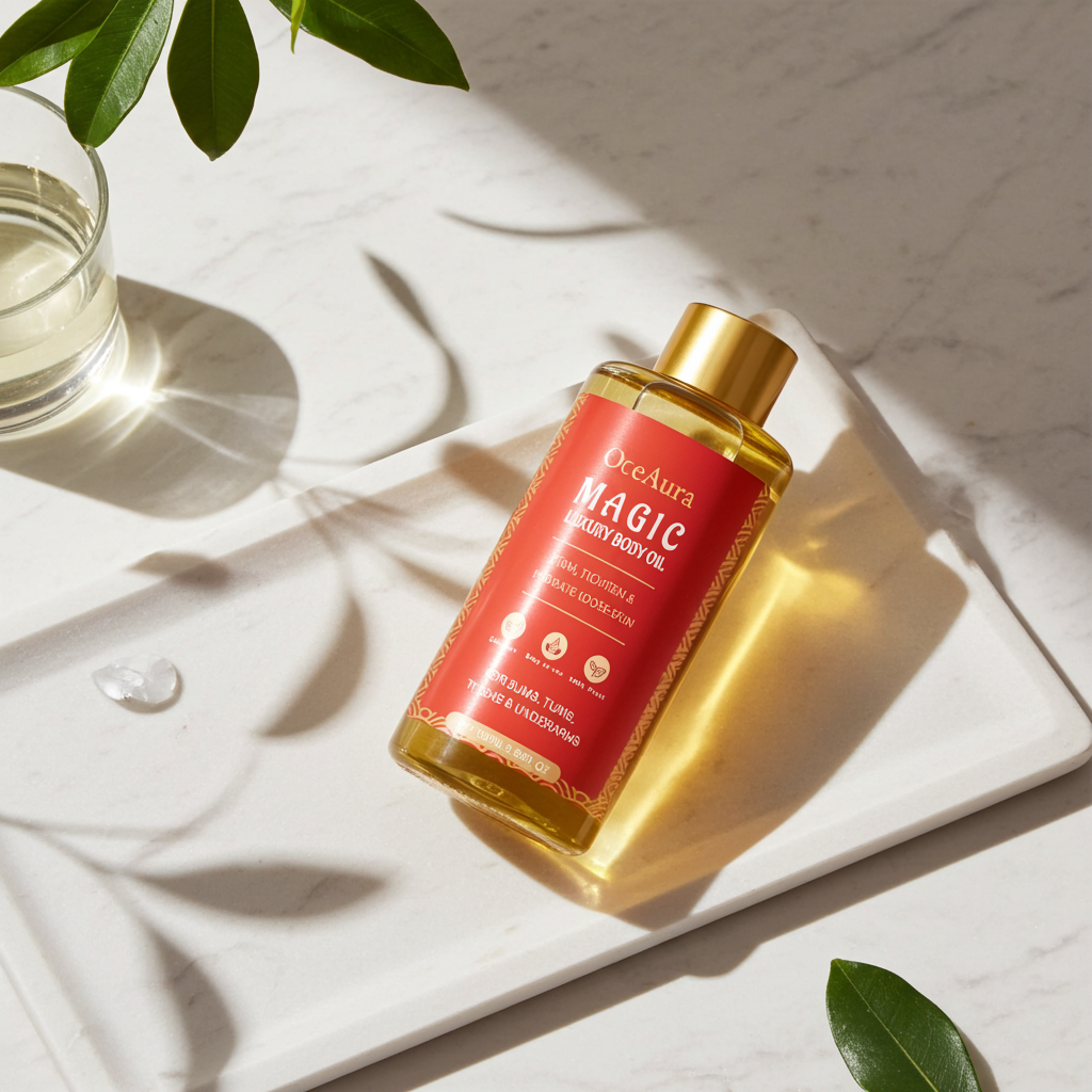 OceAura body firming and moisturizing oil bottle for hydrating skin, massage application, and body care routines.