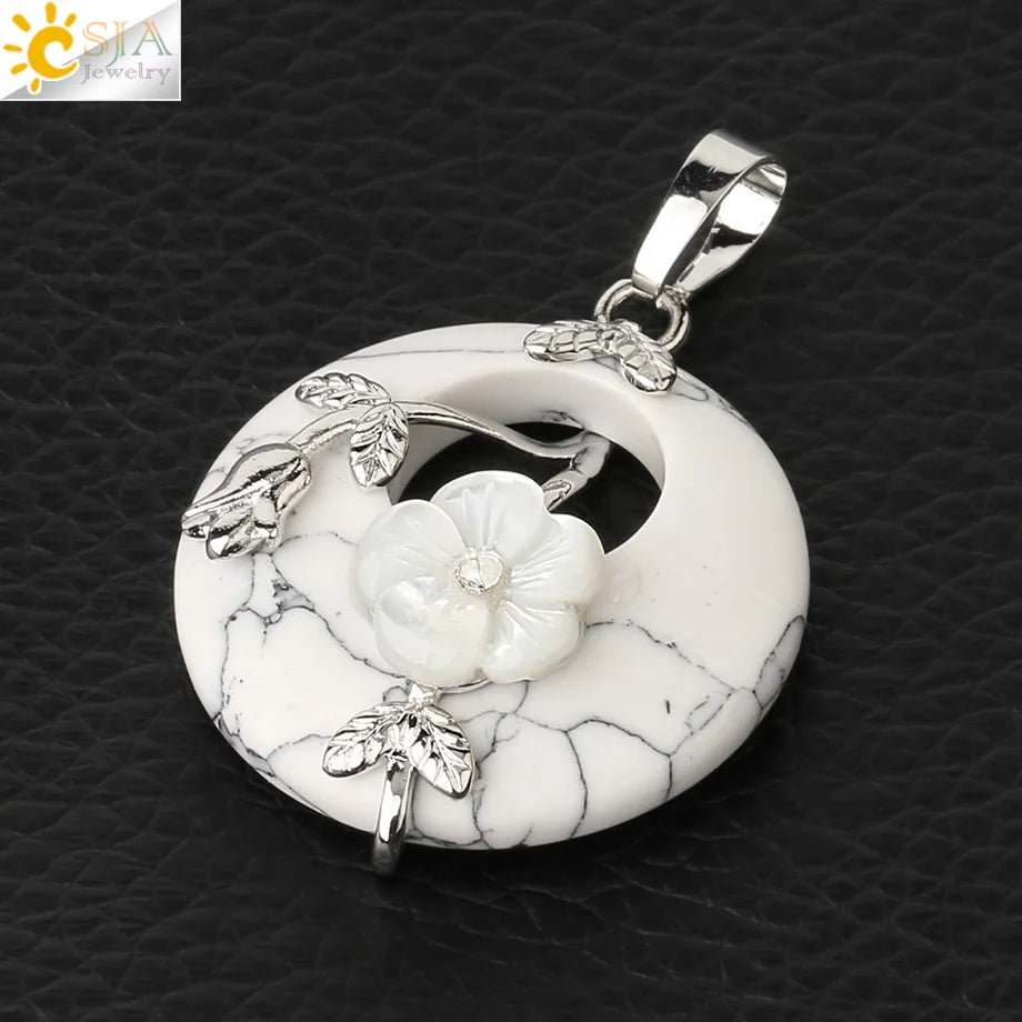 Bohemian natural stone flower pendant charm for layered jewelry looks, necklace crafting, and fashion accessory use.