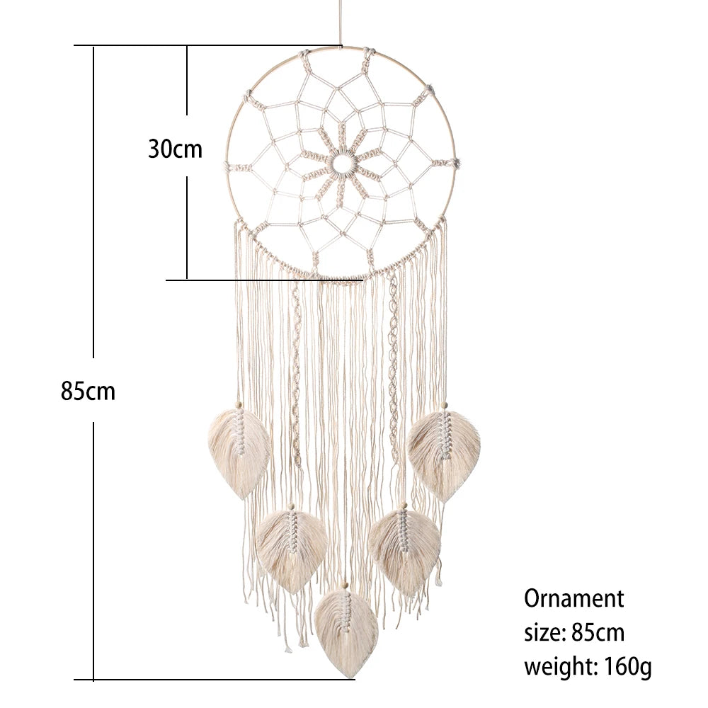 Boho leaf dream catcher wall art hanging for nursery room decor, bedroom styling, and soft bohemian wall accents.