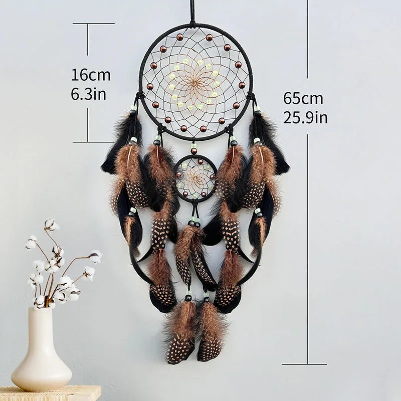 Boho luminous dream catcher with rainbow feathers for bedroom decoration, dream-inspired styling, and cozy home accents.