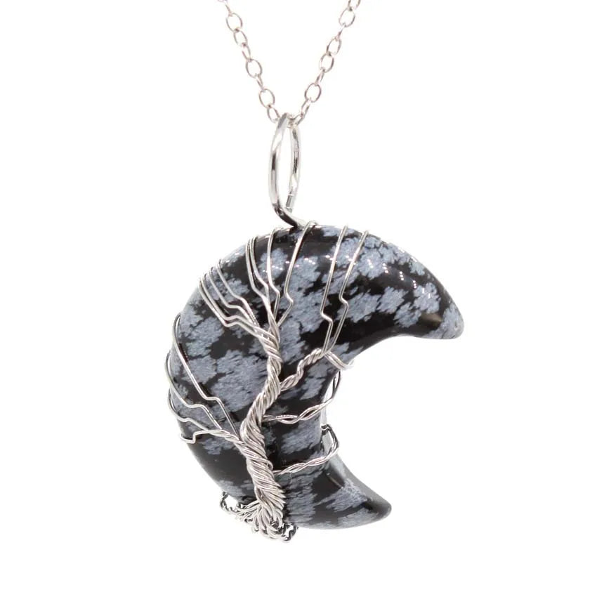 Tree of Life Crescent Moon Crystal Necklace boho pendant necklace for casual wear, layered jewelry looks, and symbolic styling.