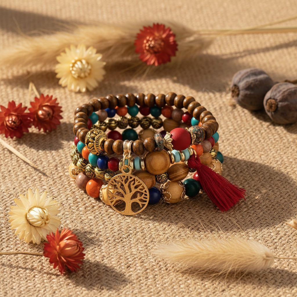 Boho Tree of Life handmade beaded bracelet set with stacked stretch bracelets for everyday wear, layering, and bohemian styling.