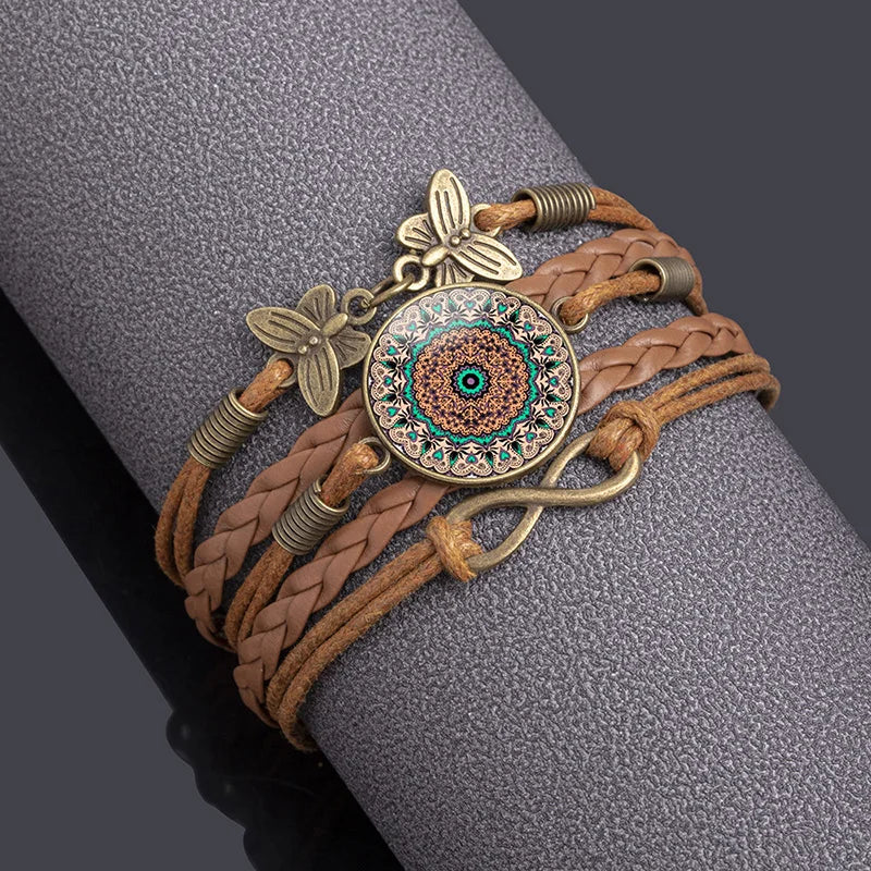 Vintage Mandala Flower Leather Wrap Bracelet boho leather bracelet for layering with casual outfits, weekend wear, and statement accessory use.