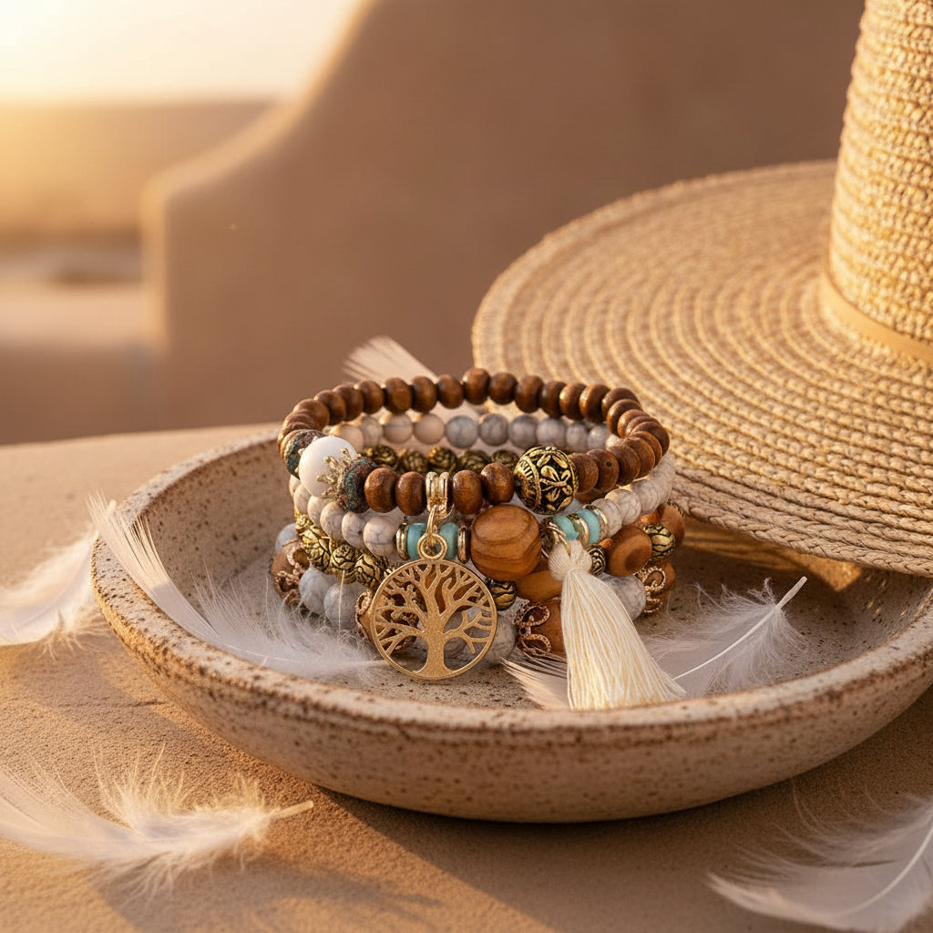 Boho wooden beaded bracelet set with tassel for everyday bohemian styling, layering, and casual fashion wear.