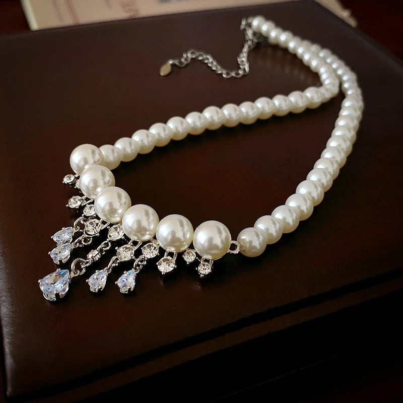 Pearl & Zircon drop pendant necklace for bridal accessories, wedding day wear, and elegant ceremonies.