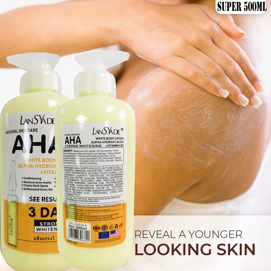 Whitening body lotion bottle with AHA, Vitamin C, and Vitamin E for moisturizing dry skin, supporting even-looking skin tone, and body care use.