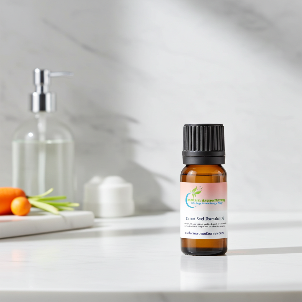 Carrot Seed Essential Oil dropper bottle for skincare blending, massage oil recipes, and topical diluted use.