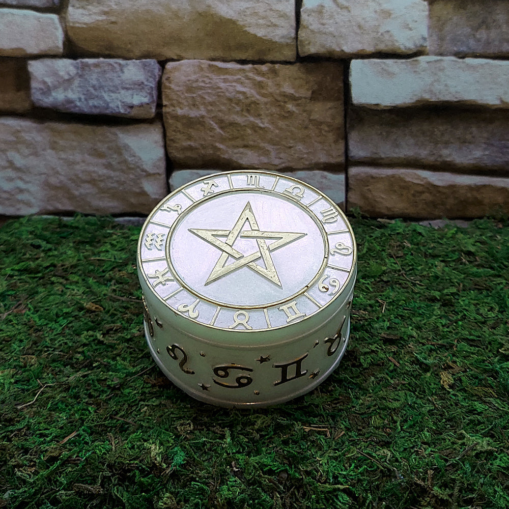 Carved pentacle trinket box for storing small jewelry, spiritual charms, and ceremonial keepsakes.