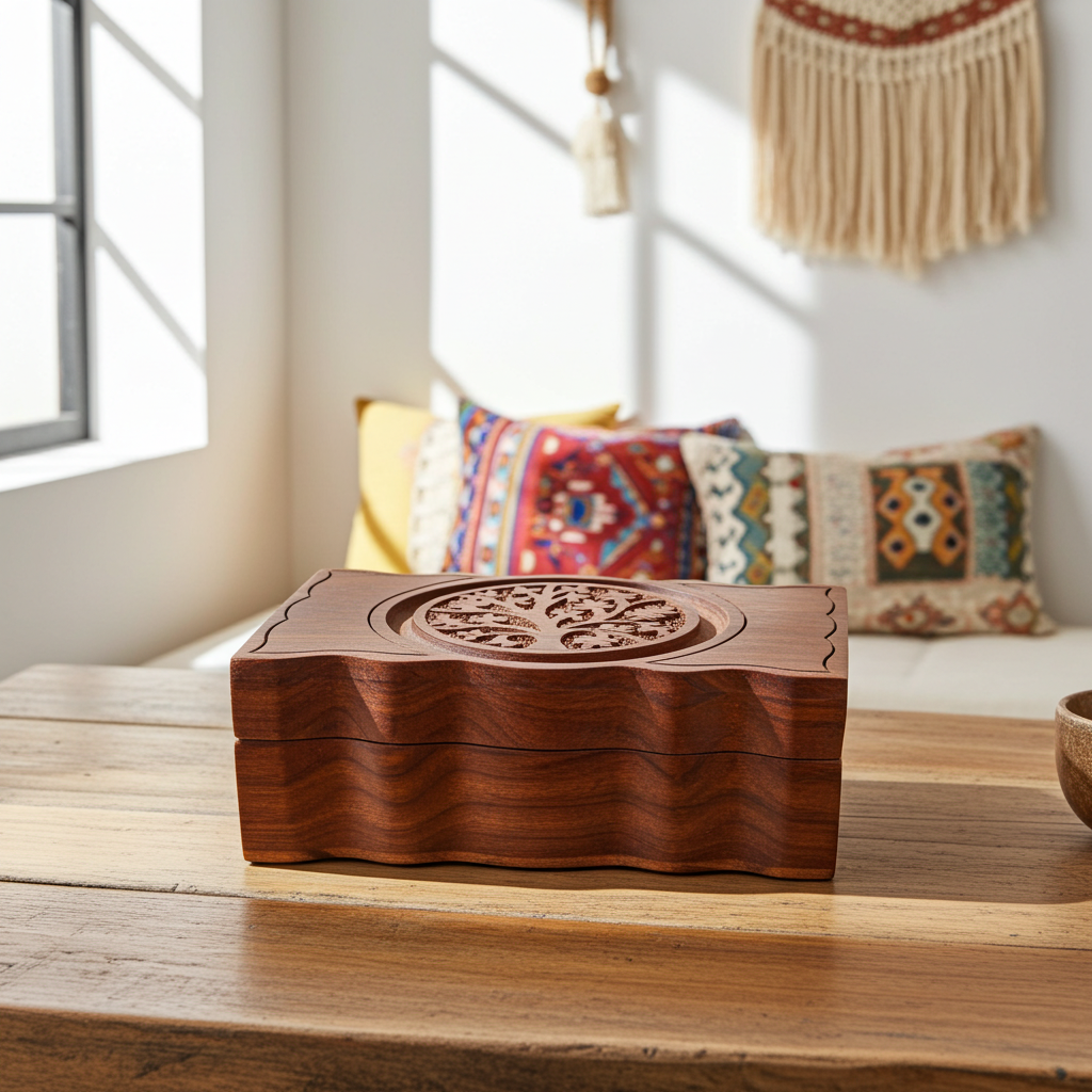 Tree of Life carved wood keepsake box for organizing jewelry, trinkets, and meaningful personal belongings.