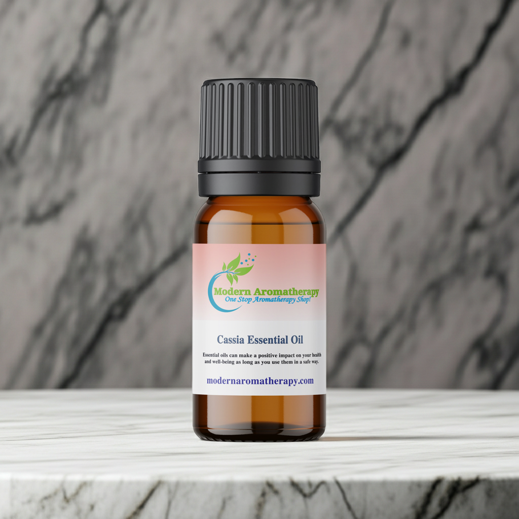 Cassia essential oil bottle for diffuser blends, cozy room scenting, and seasonal aromatherapy use.
