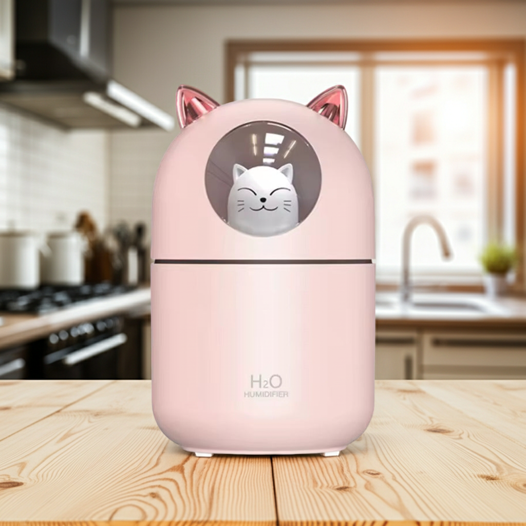 Cute Cat Cool Mist Humidifier unit for adding moisture to dry spaces, nursery use, and desk comfort.