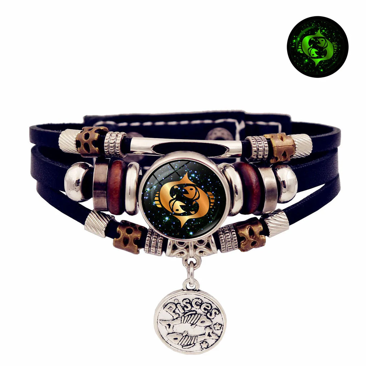 Celestial constellation leather bracelet for star-themed styling, casual accessory wear, and luminous unisex fashion looks.