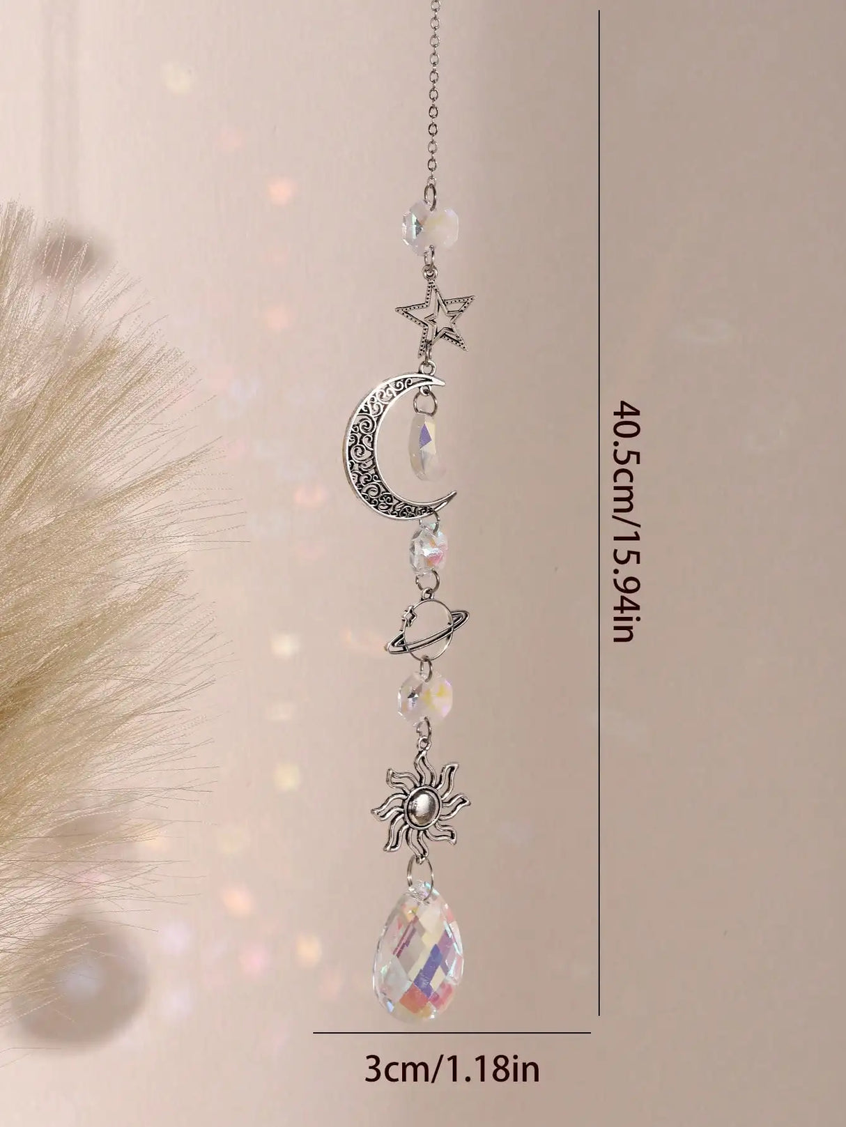 Celestial crystal Star and Moon wall hanging for spiritual décor, sun-catching display, and decorative window styling.