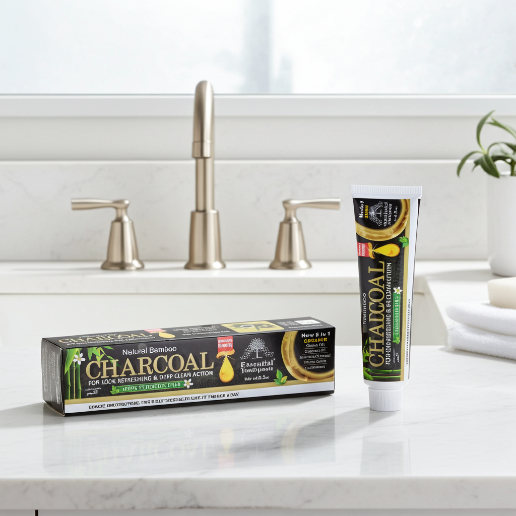 Charcoal Essential Toothpaste tube for daily brushing, oral hygiene, and fresh breath care.