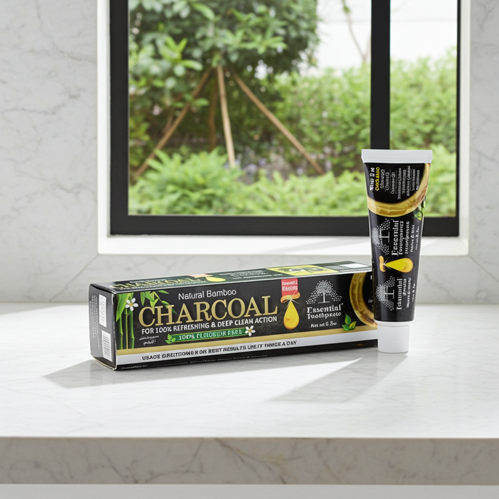 Charcoal Essential Toothpaste tube for brushing teeth, freshening breath, and routine oral care.