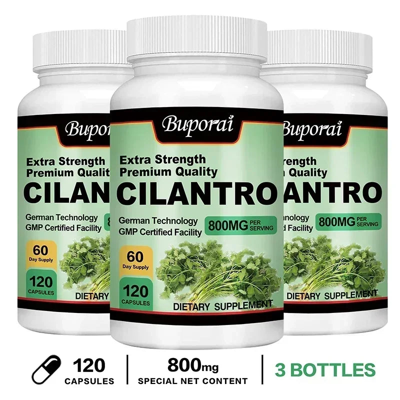 Cilantro herb capsules bottle for antioxidant support, daily supplementation, and natural wellness use.