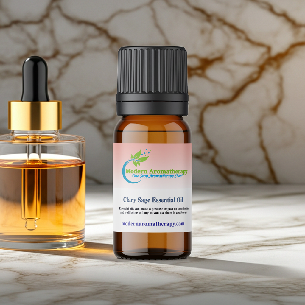 Clary Sage oil bottle for diffuser use, aromatherapy sessions, and creating a calming room scent.